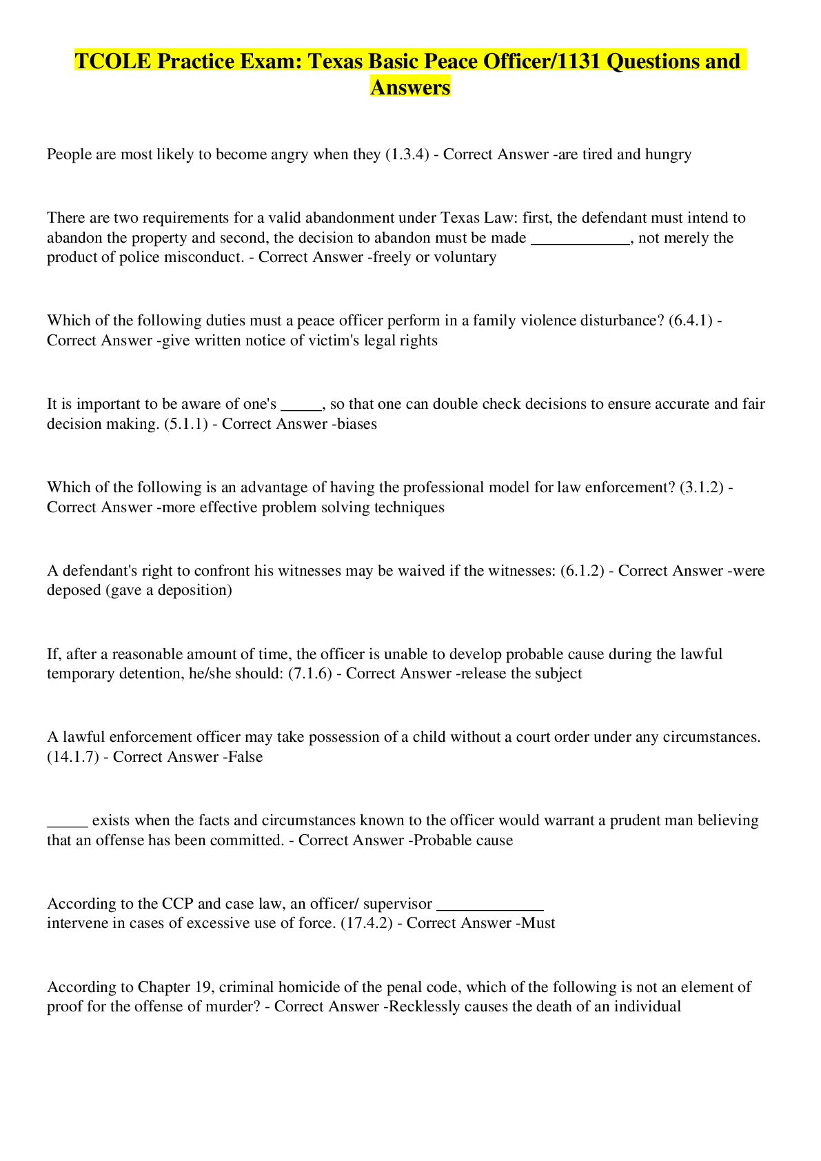 Preview image for TCOLE Practice Exam: Texas Basic Peace Officer/1131 Questions and Answers